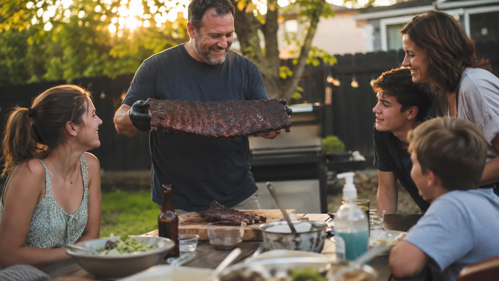 Sliced smoked chicken breast on a cutting board with smoke rings visible, backyard cookout setting