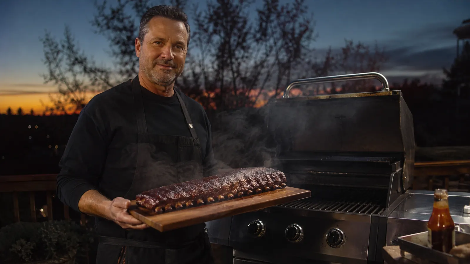 Perfectly smoked chicken thighs with mahogany bark on a gas grill grate with smoke wisps visible