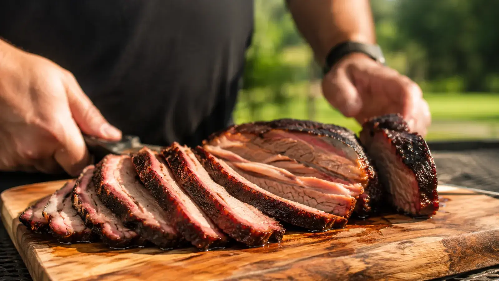 Perfectly sliced brisket with juicy pink smoke ring on a wooden cutting board
