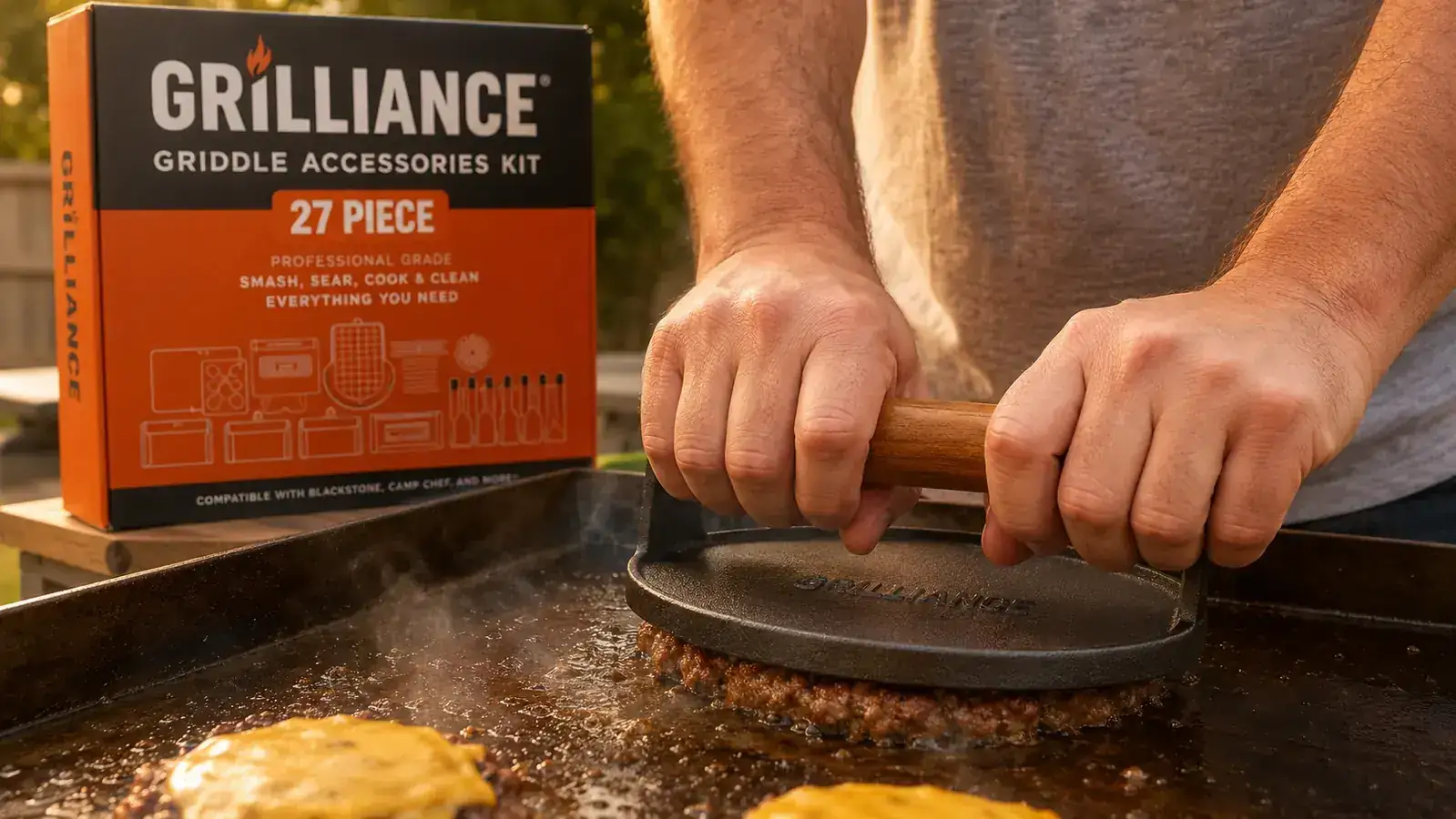 Close-up of a Grilliance spatula blade flex test, thumb pressing the blade center to show stiffness