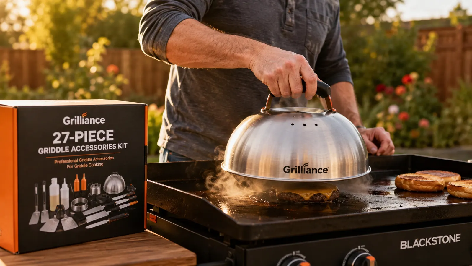 Hand pressing a burger patty on a Blackstone griddle with the Grilliance stainless steel burger press, sizzling meat visible