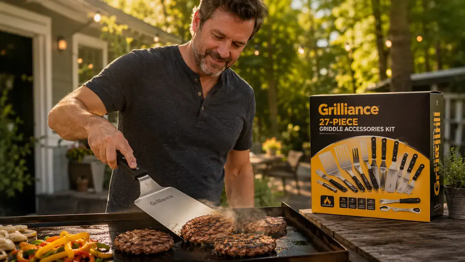The Grilliance large spatula flipping bacon strips on a flat top griddle, grease glistening