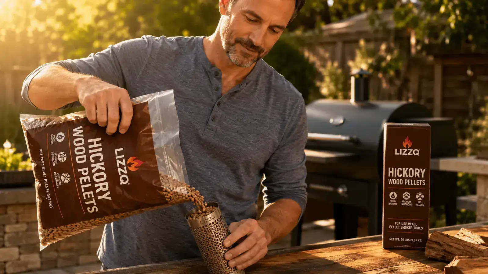Hand placing a stainless steel pellet smoker tube filled with wood pellets onto a gas grill grate