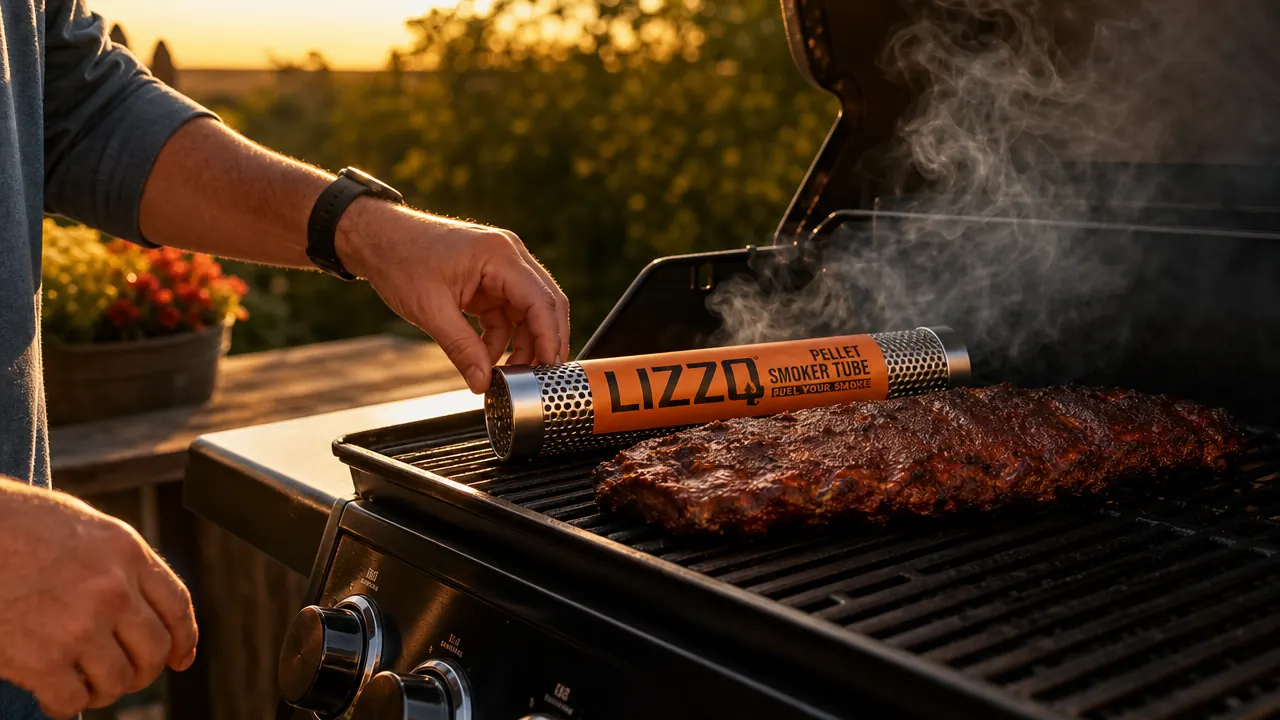 Hand filling a LIZZQ pellet smoker tube with hickory wood pellets over a wooden cutting board