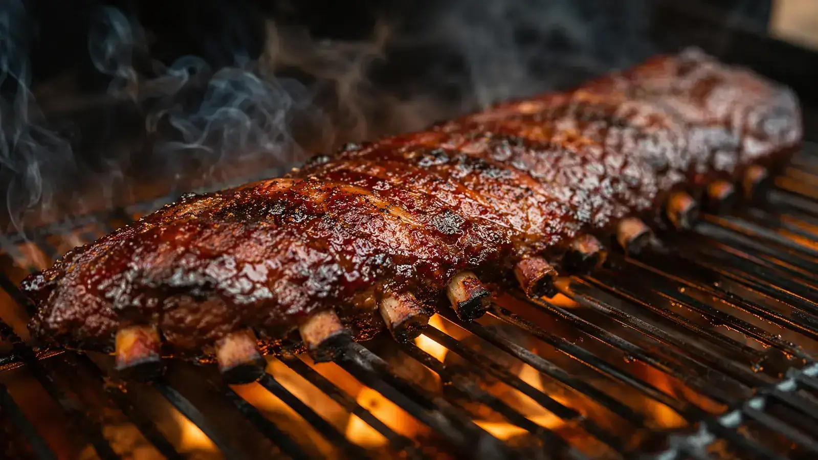 Pellet smoker tube positioned at the back corner of a gas grill grate with brisket slices resting in the foreground
