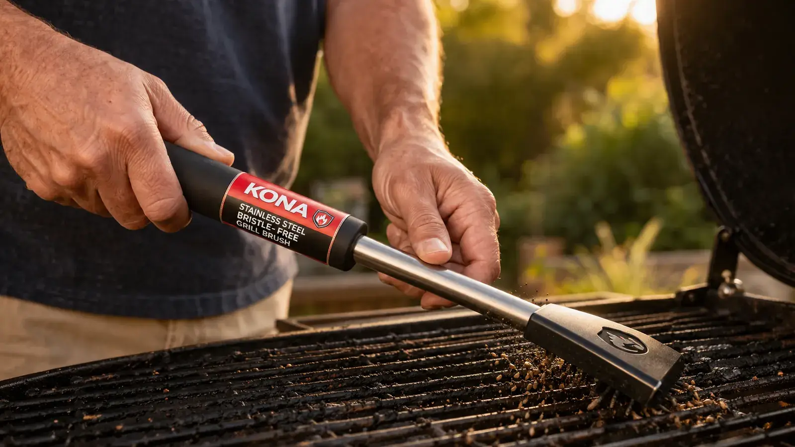 Close-up of the Kona bristle-free grill brush being pressed against hot stainless steel grill grates