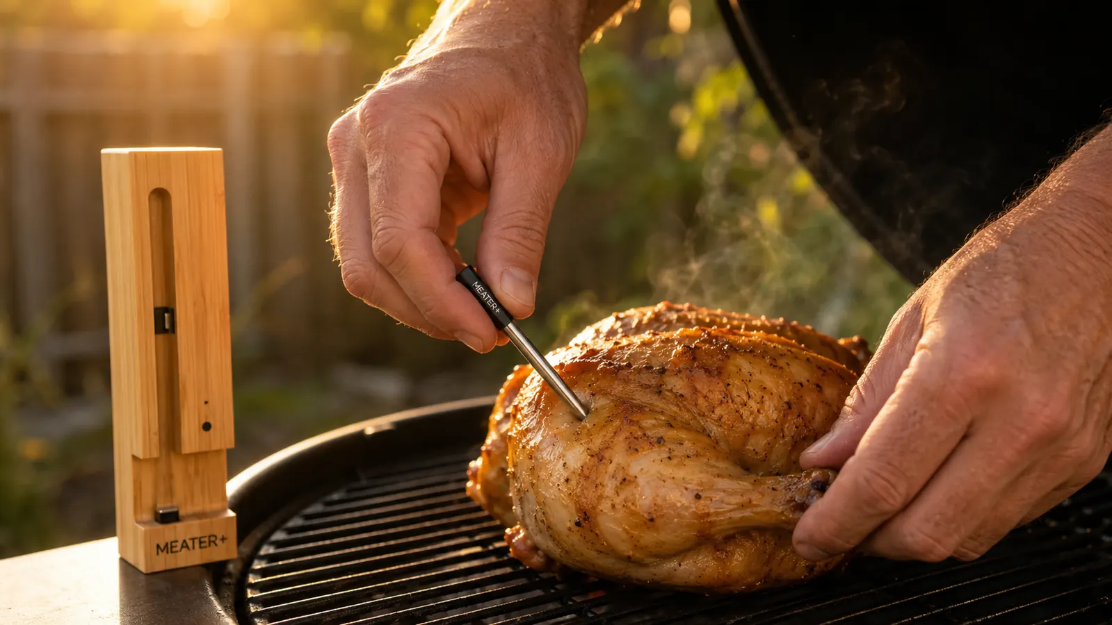 Hand inserting the MEATER Plus probe into a raw brisket flat on a cutting board