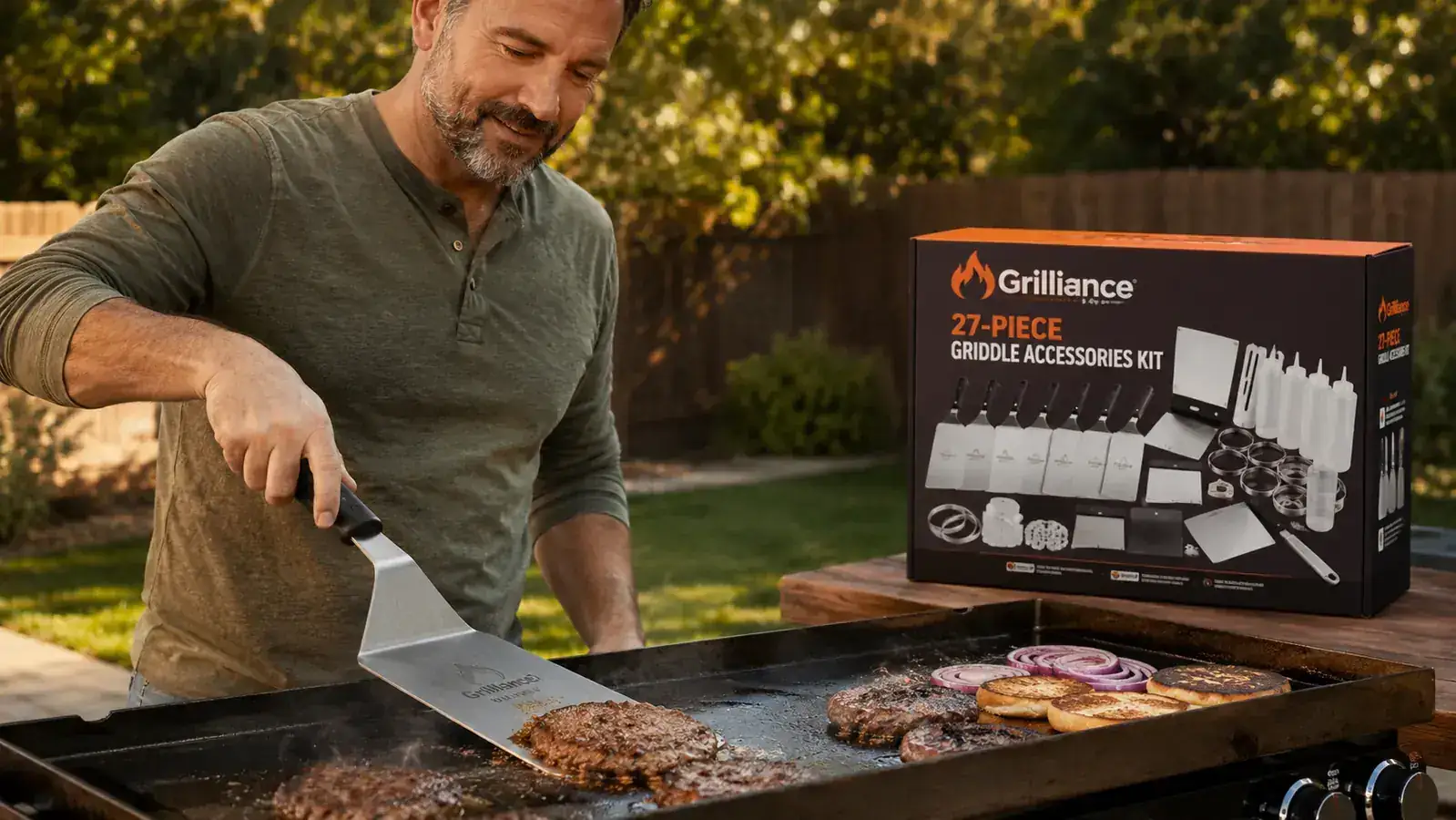 Backyard pitmaster pressing a smash burger patty onto a hot flat top griddle using a heavy burger press, steam rising from the sear