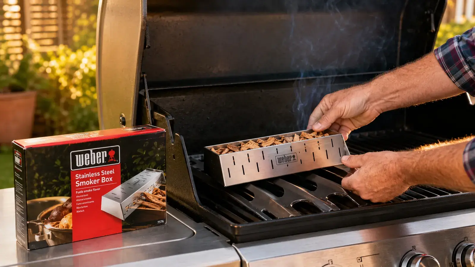 Weber smoker box placed directly over a gas burner flame on a grill grate, orange glow visible below
