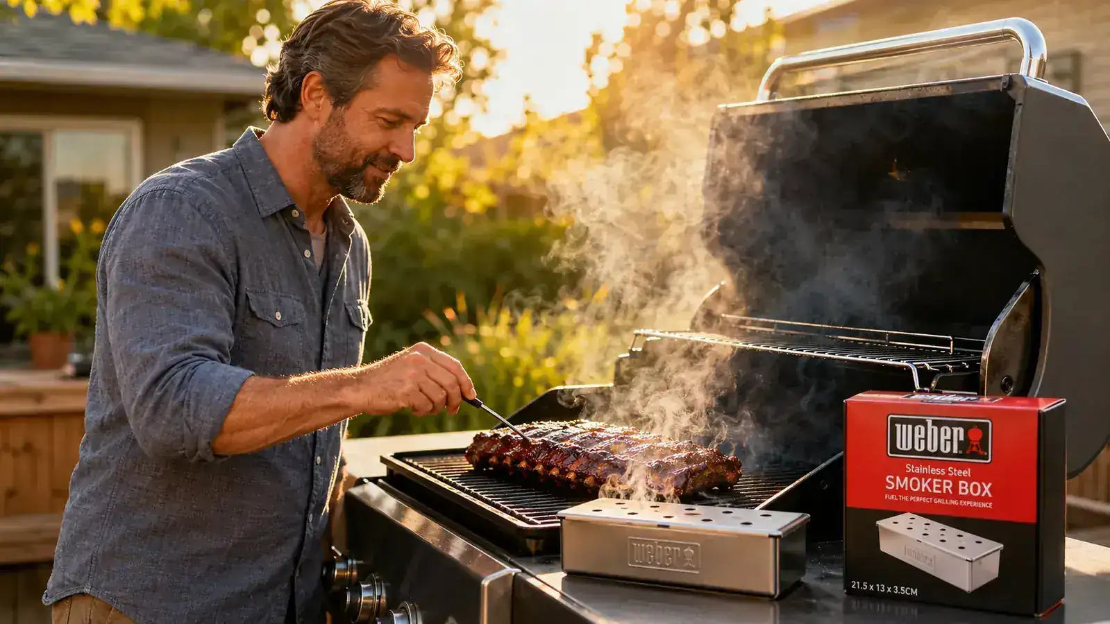 Weber Premium Smoker Box sitting on a gas grill grate next to a burner, lid slightly ajar with smoke wisping out