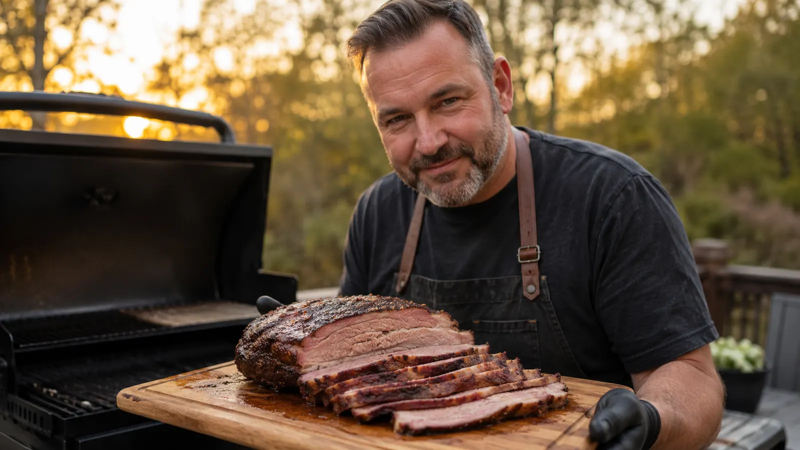 Grilled pork ribs with a deep smoke ring on a wooden cutting board, fresh parsley garnish
