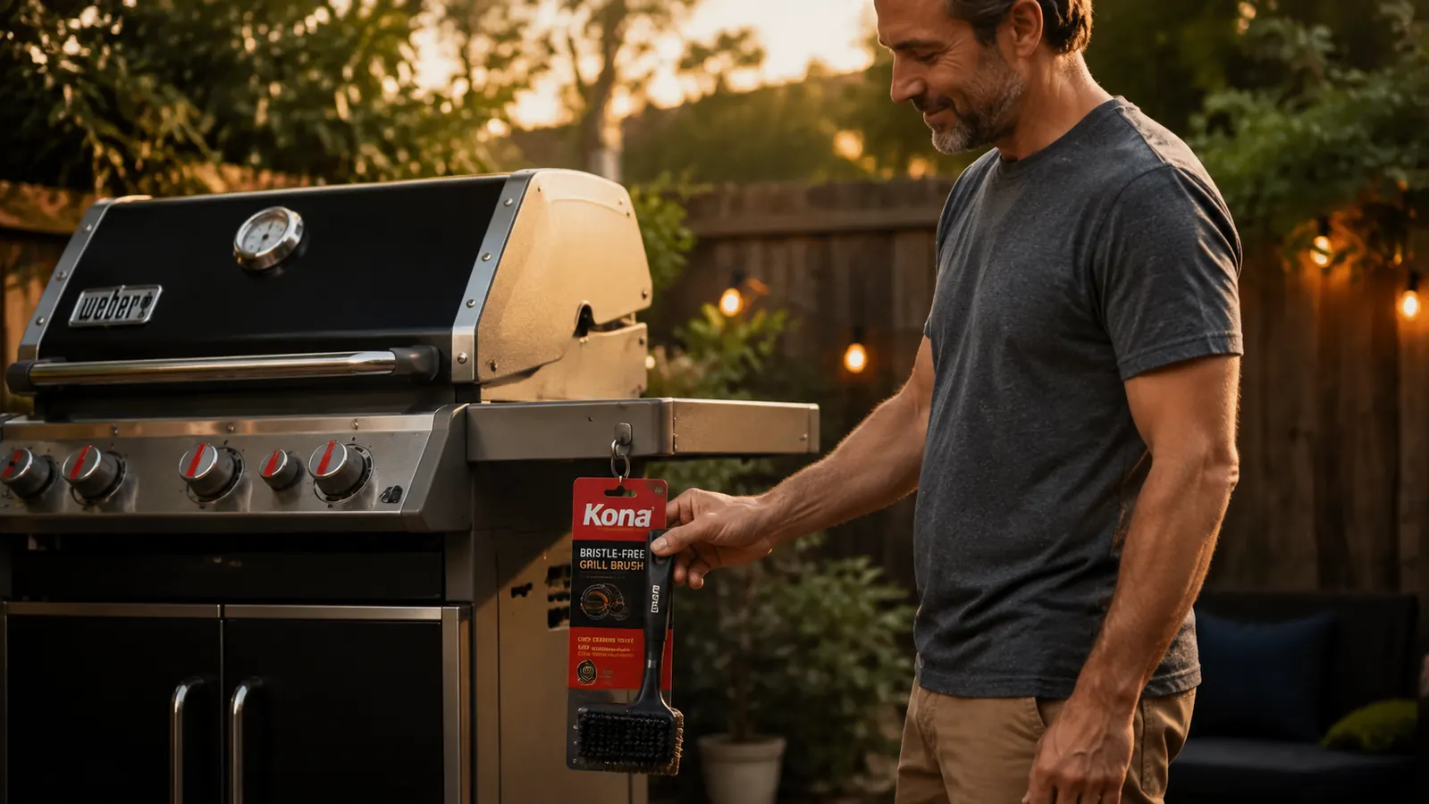Hand gripping the Kona grill brush handle and scrubbing carbon buildup off a hot stainless grill grate