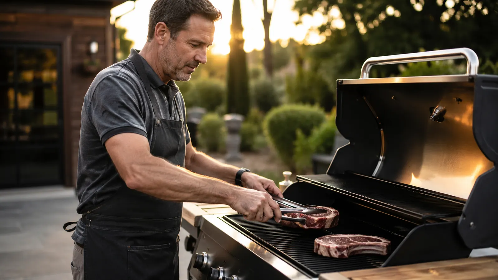 Backyard griller in a worn apron using a metal scraper on a cold grill grate to show the manual scraping alternative to a grill brush