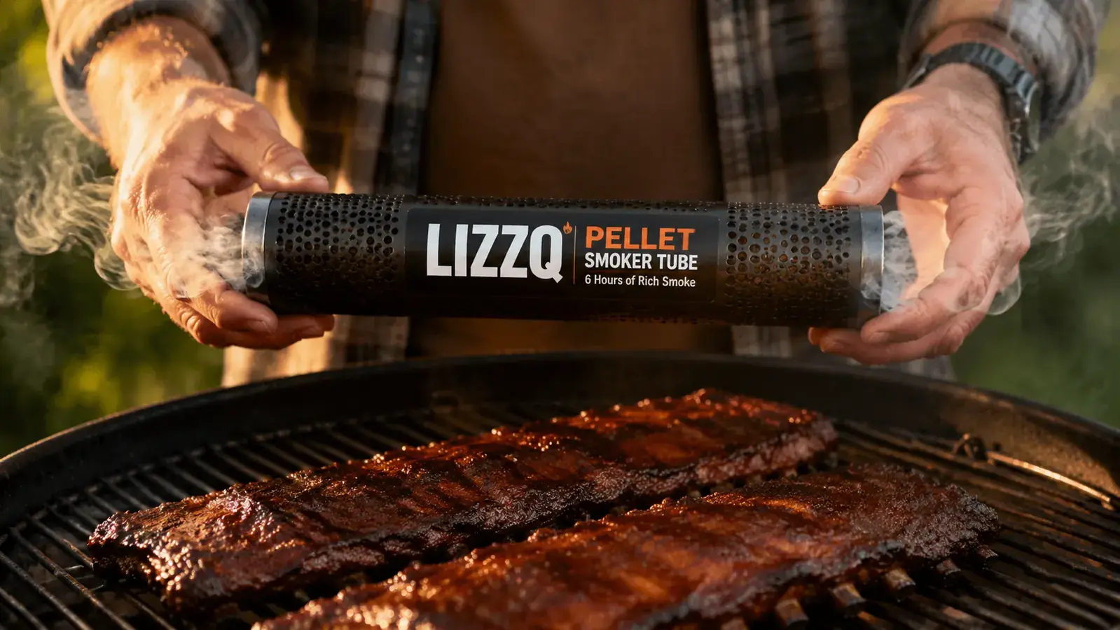 Close-up of the LIZZQ tube open end with a torch flame igniting the pellets for a reliable light