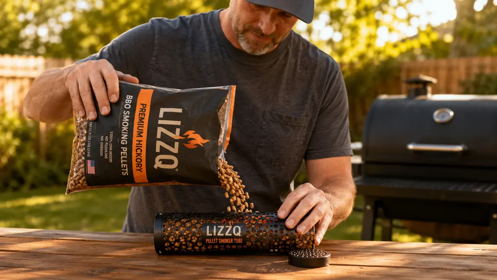 Hand loading wood pellets into a LIZZQ 12-inch stainless steel smoker tube on a gas grill