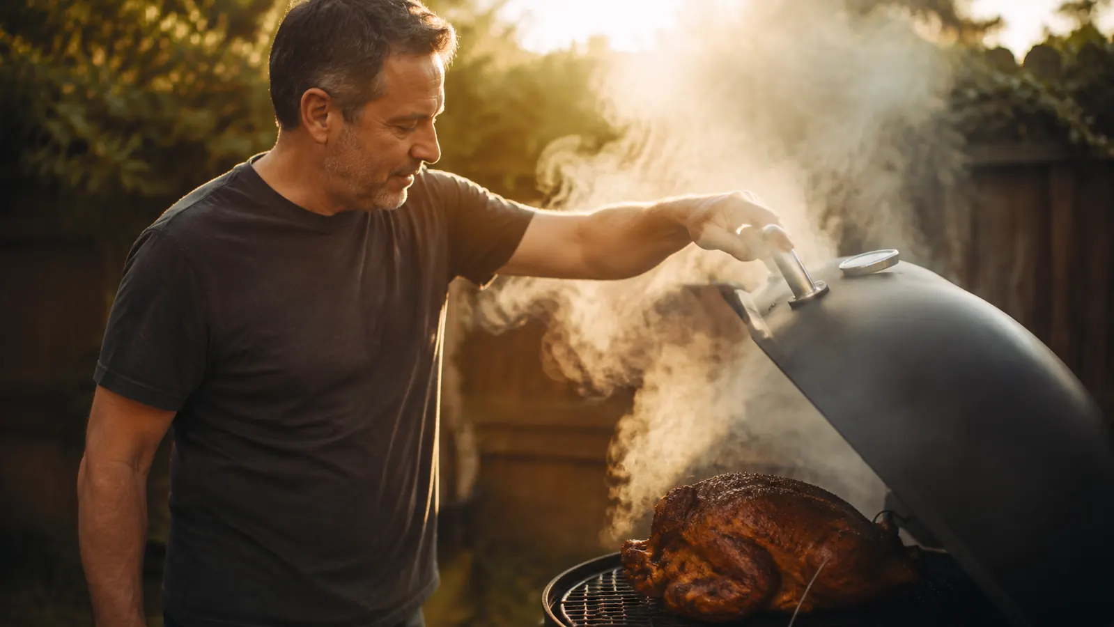 Pork shoulder on a gas grill with thin blue smoke curling off a LIZZQ smoker tube positioned next to the meat