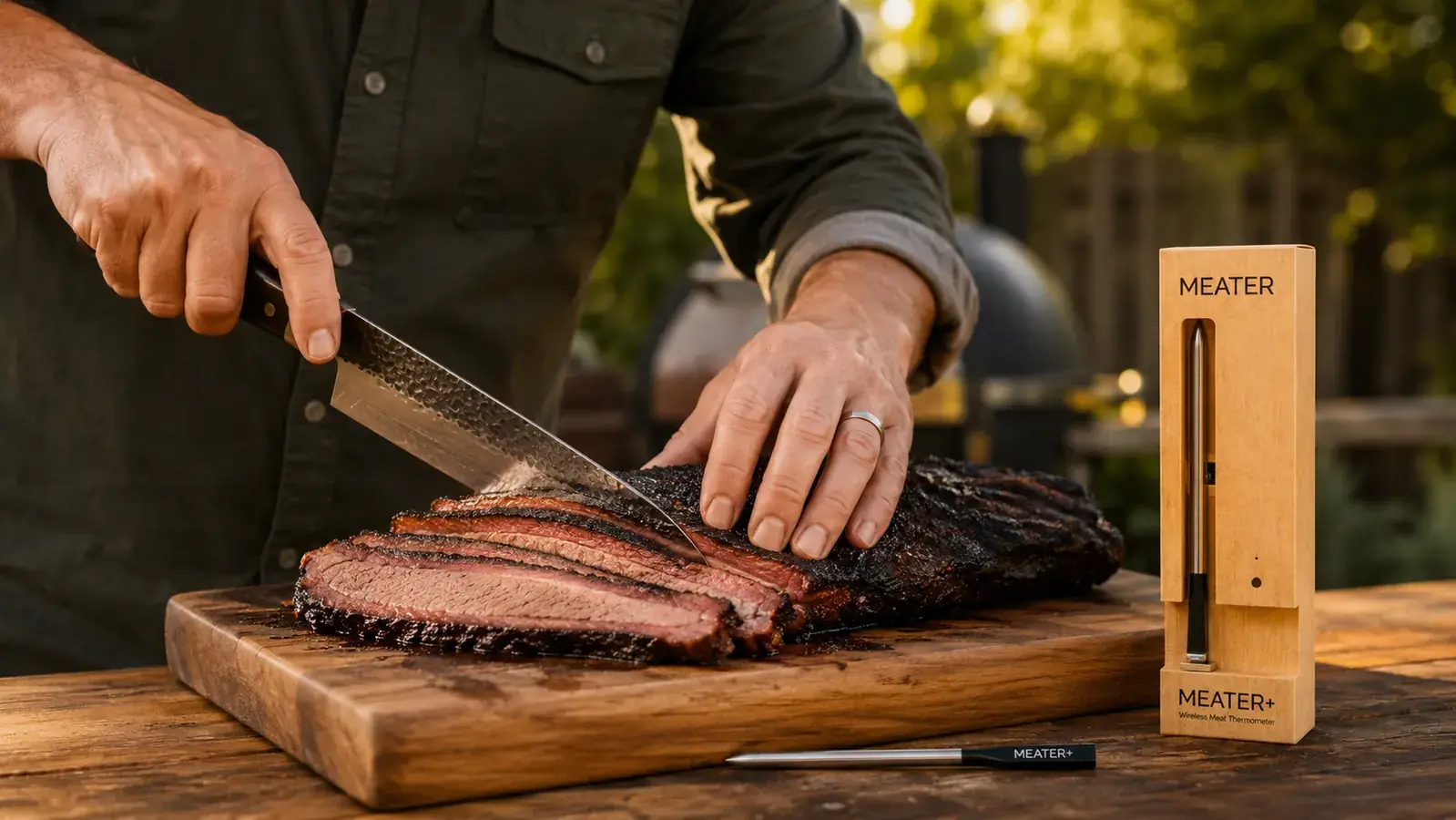 Close-up of a hand inserting the MEATER Plus probe into a thick tri-tip roast, showing the correct depth so the silver food-safe zone is fully inside the meat