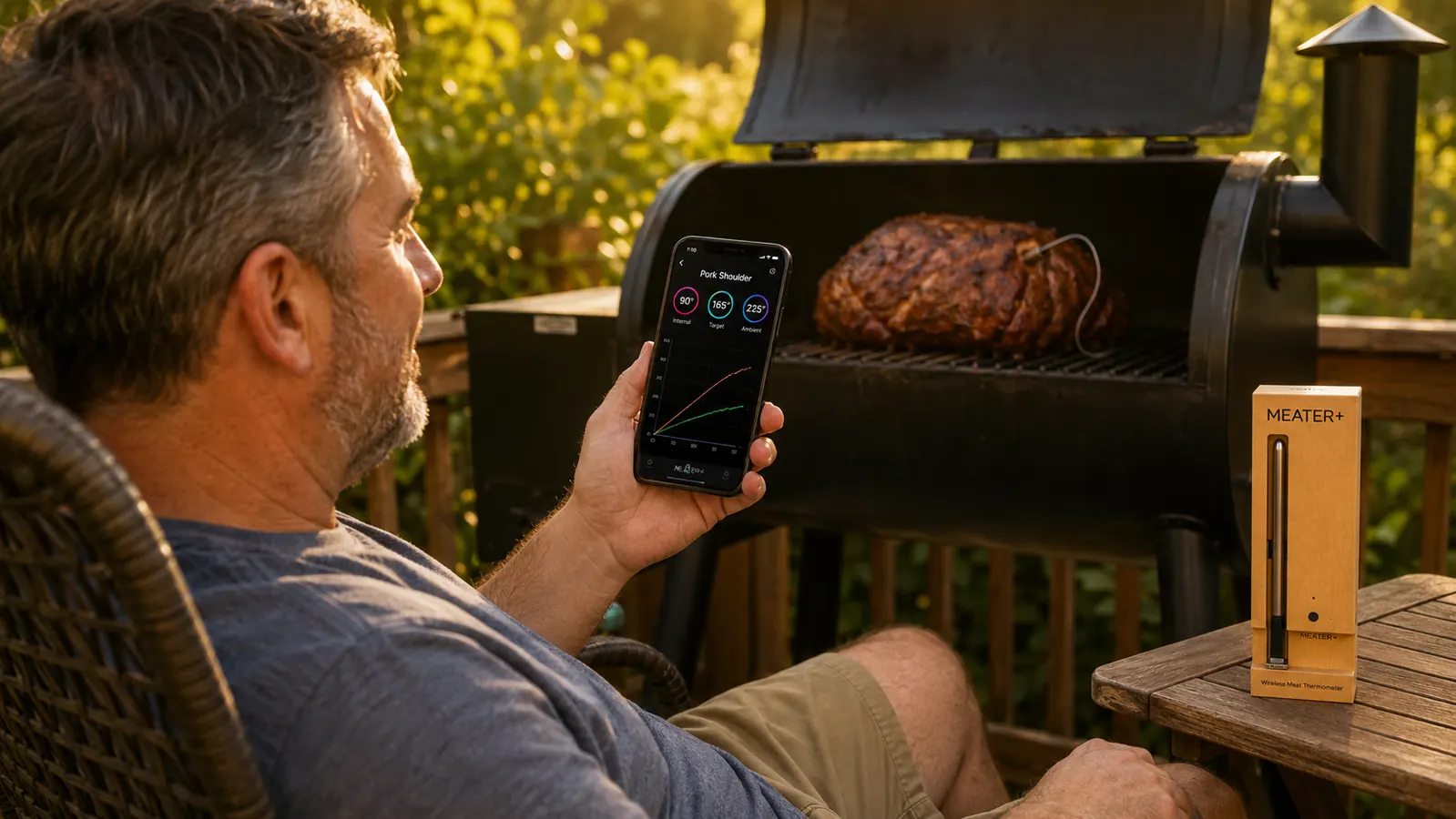 Hands inserting the MEATER Plus probe into a thick brisket flat on a cutting board before going onto the grill