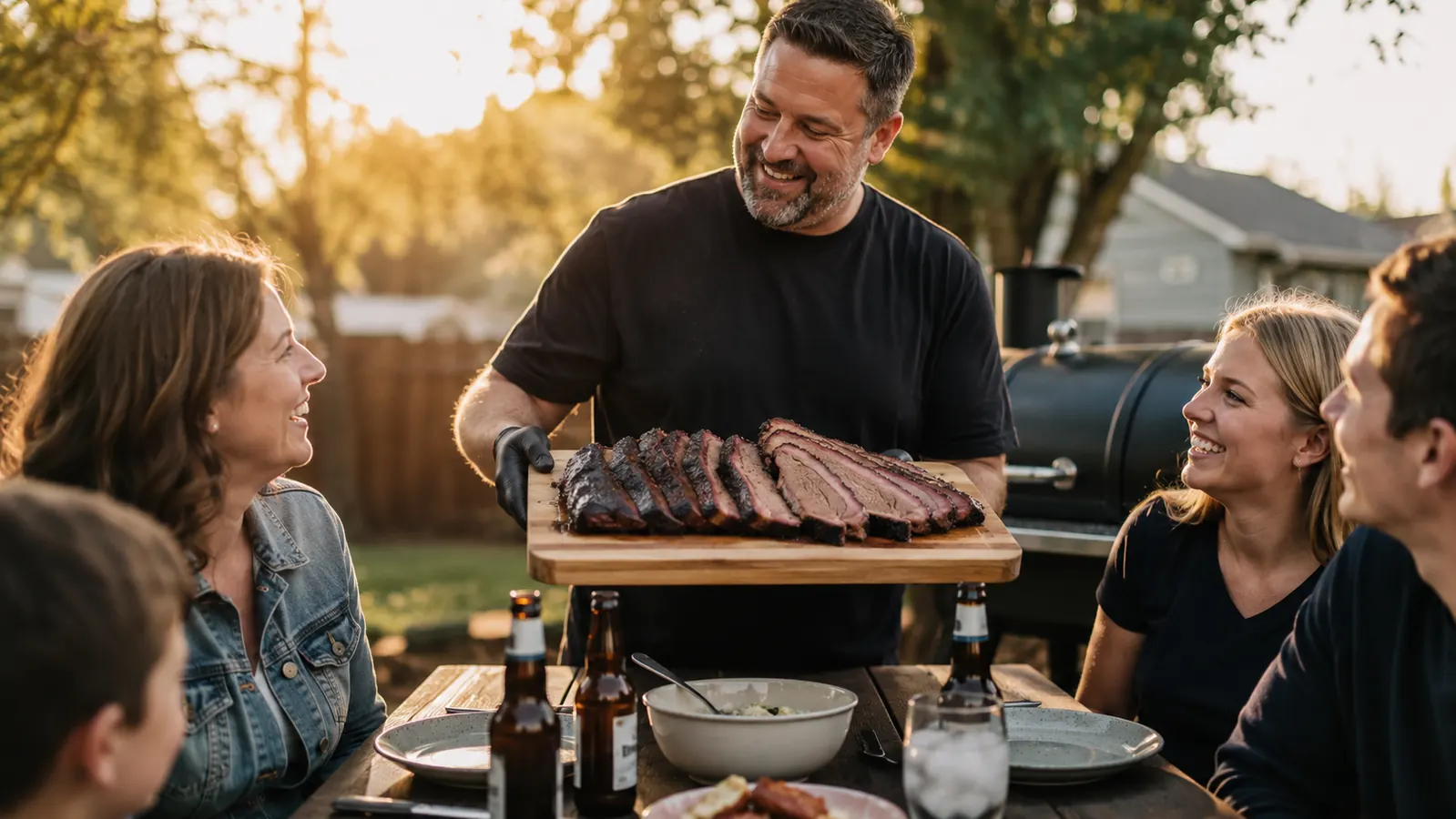 Backyard block party scene with a pitmaster slicing brisket for a crowd of neighbors at a long outdoor table, string lights overhead, warm summer evening