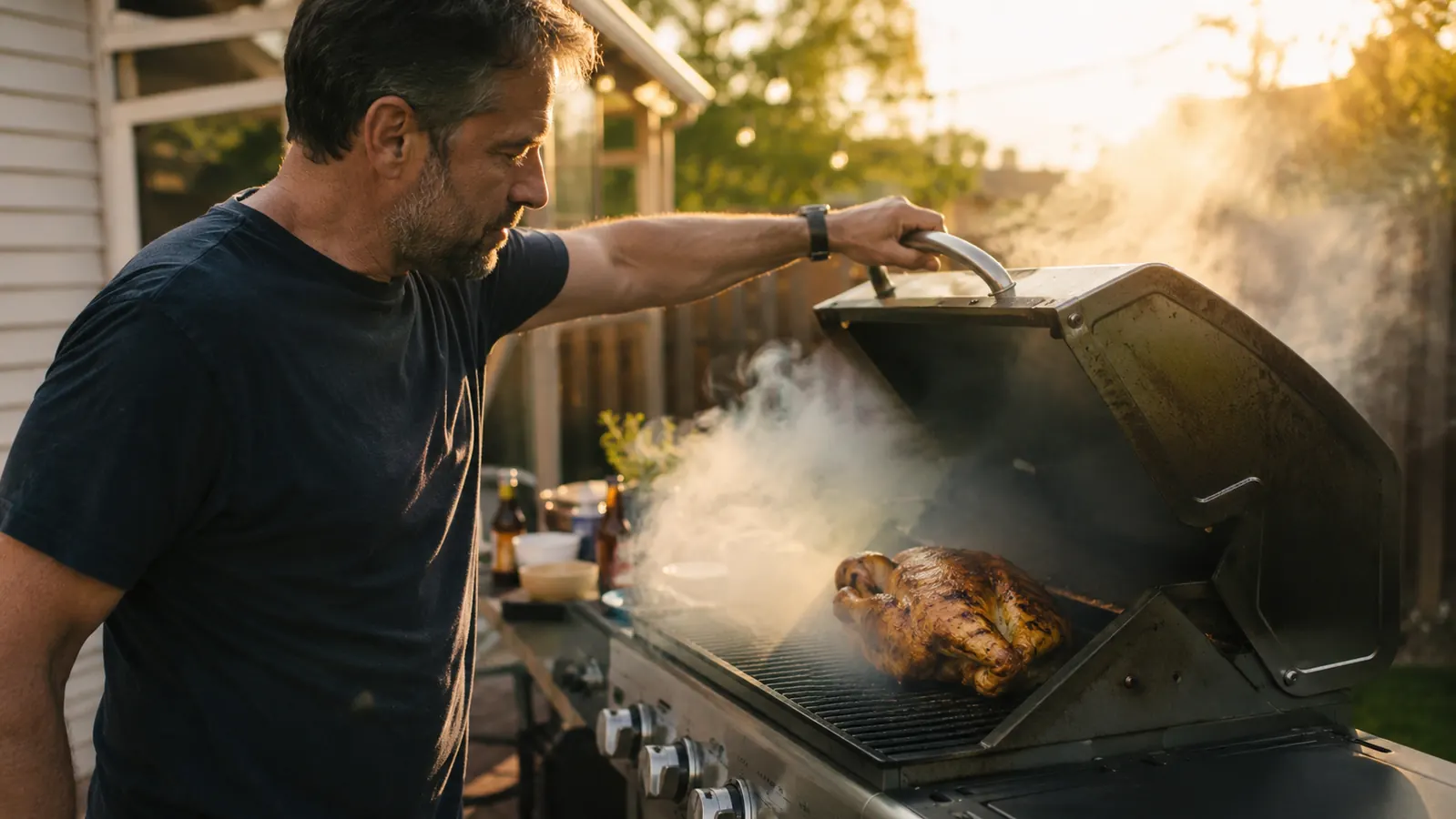 Rack of pork ribs on a gas grill with the Weber smoker box visible underneath the grate, smoke surrounding the meat