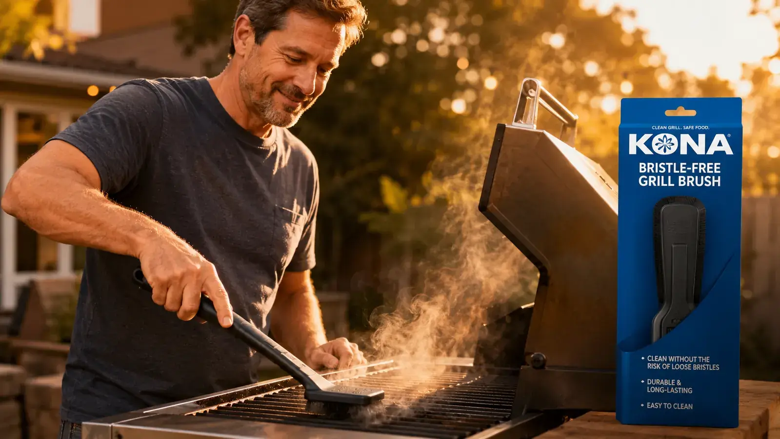 Kona bristle-free grill brush being used to scrub cast iron grill grates
